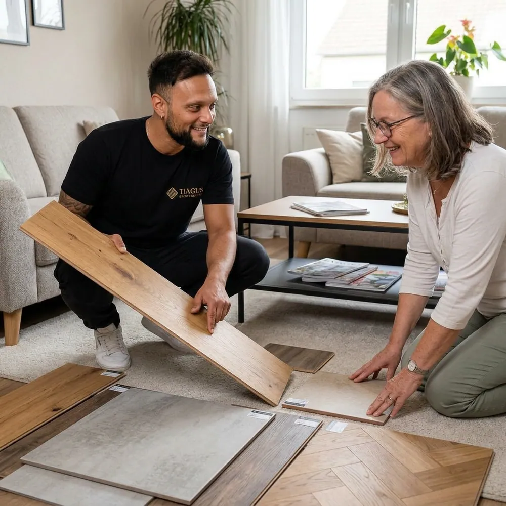 Beratung vor Ort: Bodenleger zeigt einer Kundin Materialmuster im Wohnzimmer